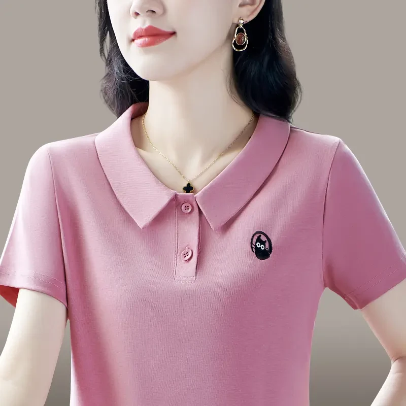 妈妈装夏季短袖T恤女士夏装新款桑蚕丝百搭减龄翻领上衣POLO衫