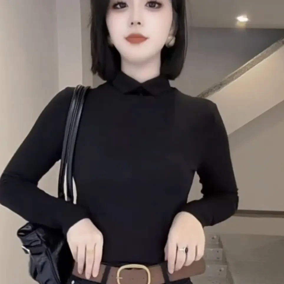 杂志风常规款纯色女长袖翻领T恤秋冬内搭打底衫洋气网红加绒时尚