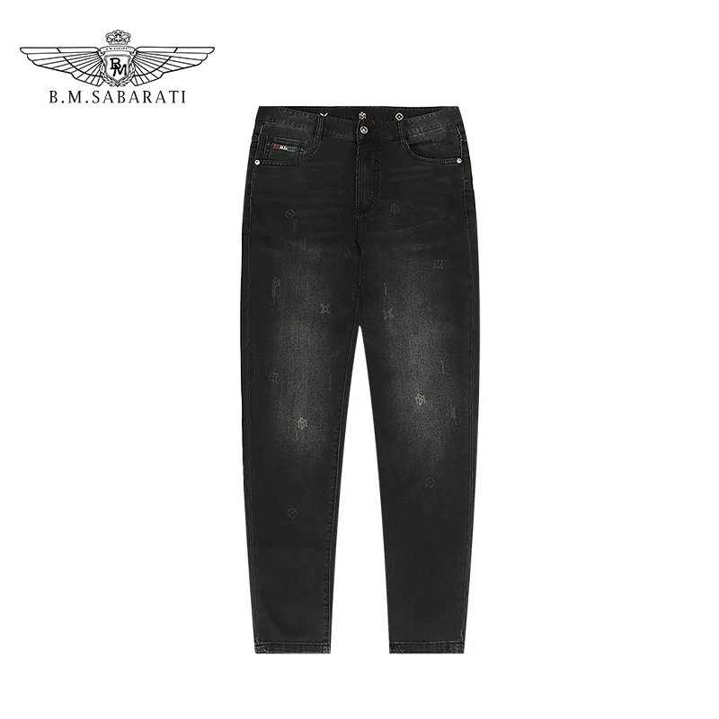 B.M.SABARATI 夏季成熟痞帅男透气logo暗纹提花刺绣堡马牛仔裤R