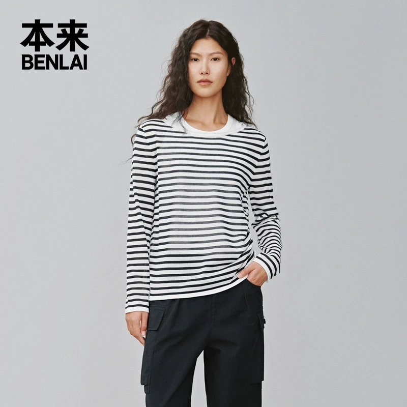 本来BENLAI女士条纹圆领针织T恤衫2025春季新款长袖