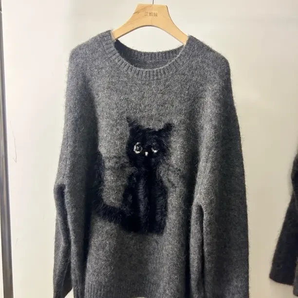 针织宽松型提花春季包袖毛针织衫圆领女装加厚针织衫