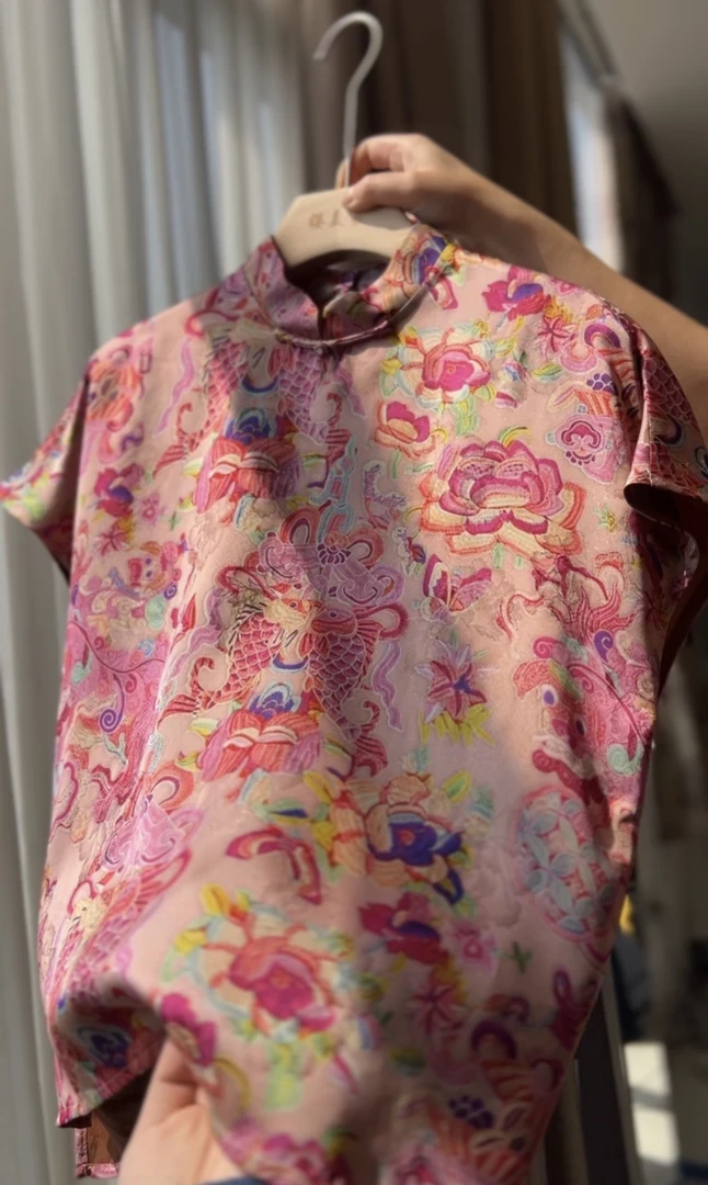 樱美嘉桑蚕丝30姆米香云纱显瘦洋气新中式国风盘扣短袖上衣DY2277