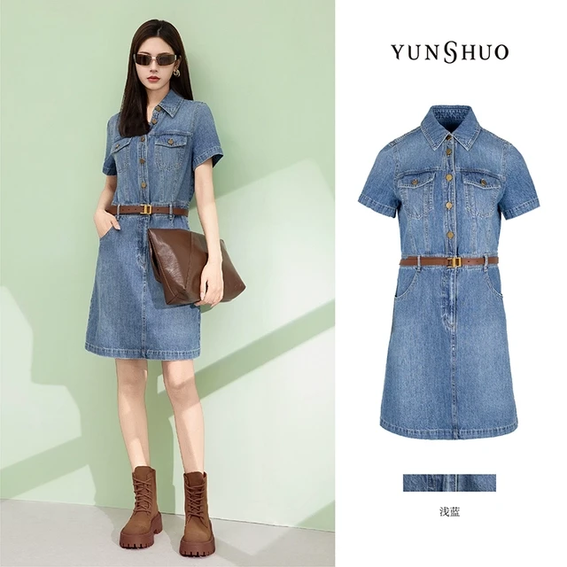 允硕夏季新品女装时尚复古牛仔蓝色百搭气质欧若风连衣裙565065