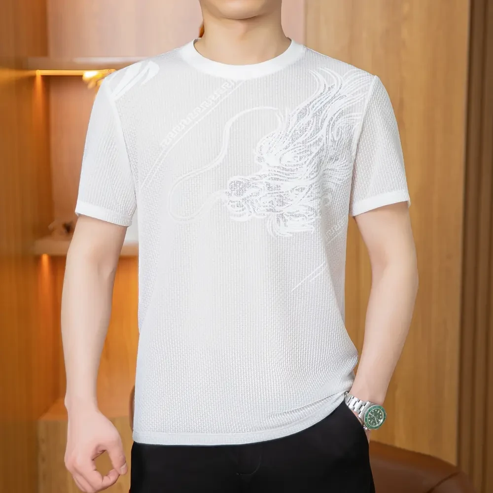 【设计师款】品质圆领透气衣服T恤龙图案冰丝男士薄款夏季短袖