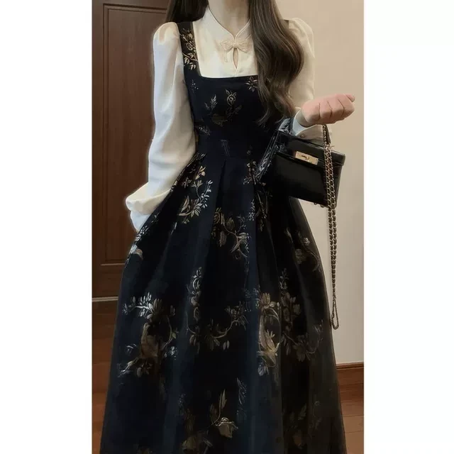 锦绣山河 秋冬装新中式国风复古民国千金大小姐提花假两件连衣裙