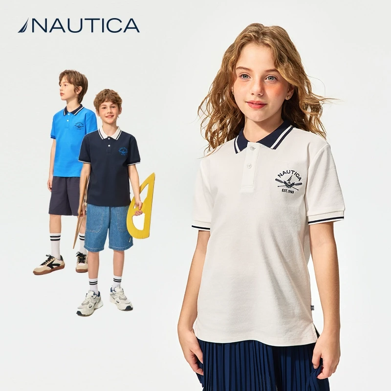 nautica/诺帝卡童装 短袖POLO衫夏季珠地网眼T恤学院风格
