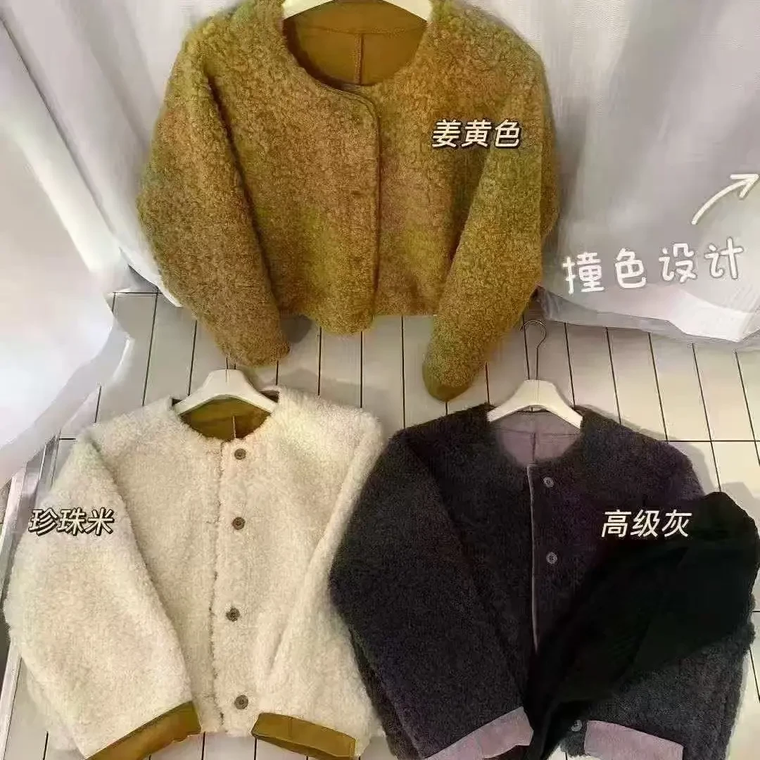 冬季短款圆领假两件鹿皮绒加厚羊羔毛外套女