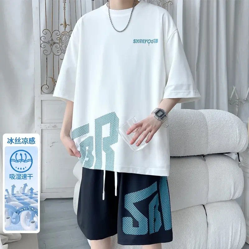 冰丝套装男装夏季新款百搭速干印花套装男潮流薄款两件套T恤上衣