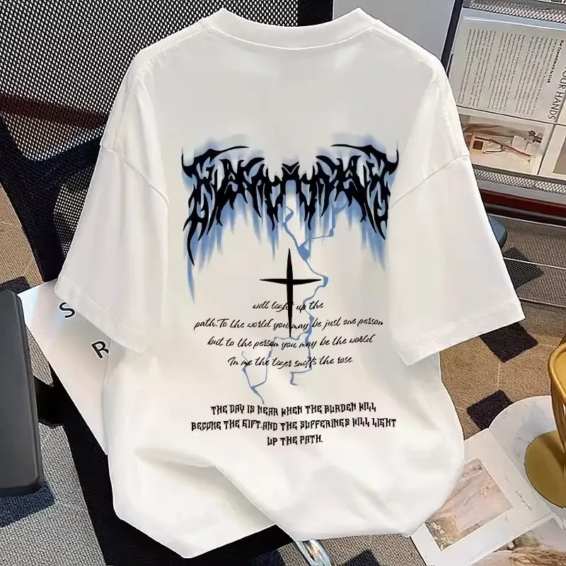 美式高街闪电印花短袖T恤男女夏季纯棉宽松透气吸汗潮牌休闲上衣