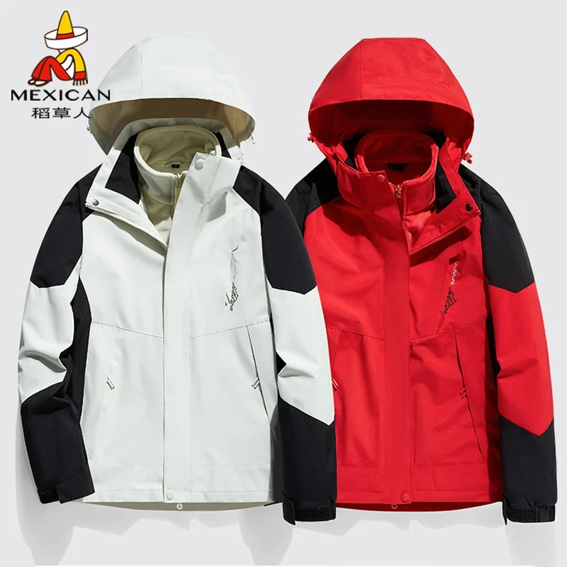 稻草人秋冬季男女三合一冲锋衣外套可拆卸加绒防风防水爬山登山服