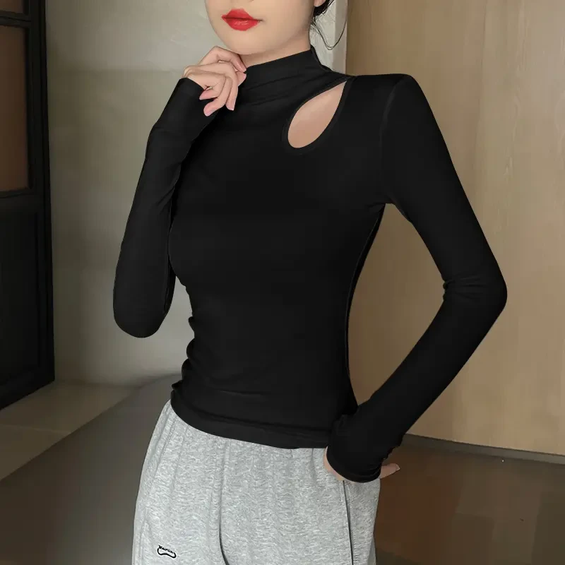 黑色螺纹半高领秋装女款爆款2025打底衫女内搭新款秋装镂空设计感