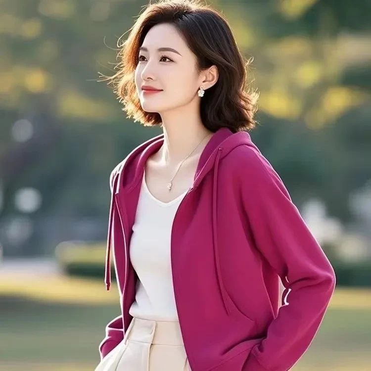 2025年开春新款女装时髦洋气上衣气质百搭休闲玫红色连帽卫衣外套
