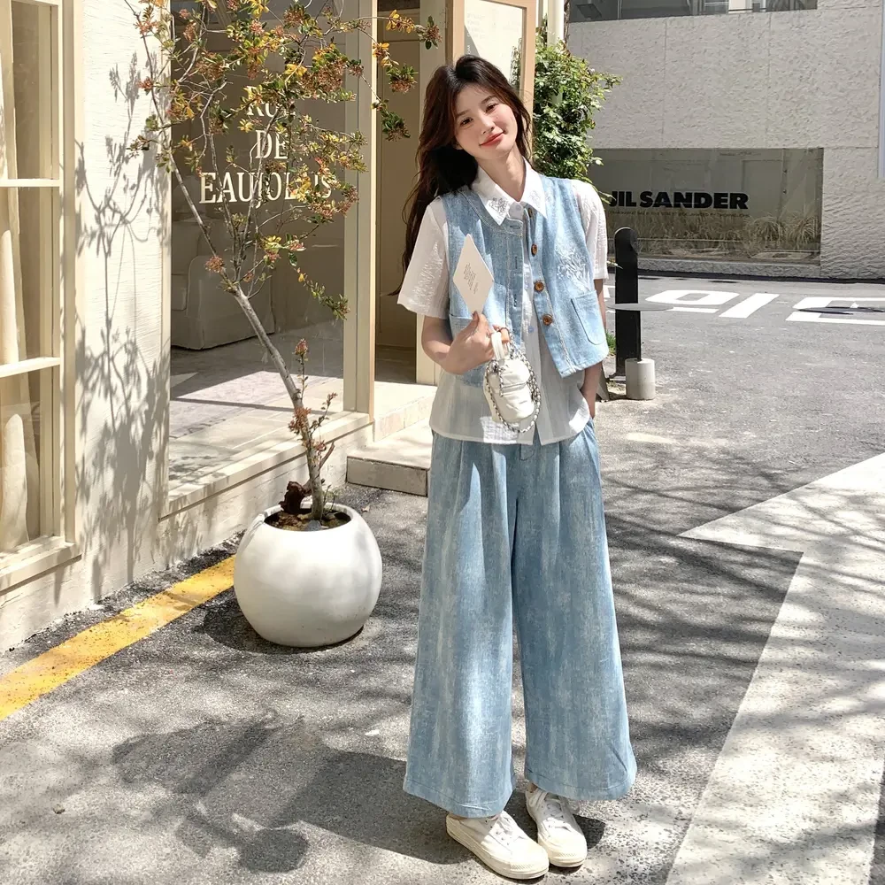 蓝色森系气质扎染套装女2025夏新款时尚马甲衬衫短袖阔腿裤三件套