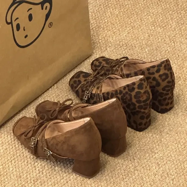 晚睡兰·内增高10cm方蝴蝶结甜酷芭蕾鞋防水豹纹单鞋秋冬高跟