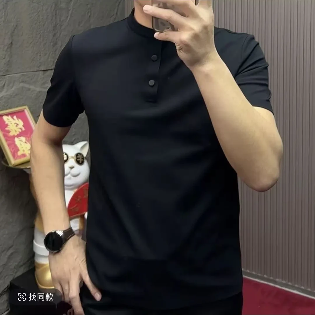 大码男士加绒短袖T恤立领秋冬款保暖打底