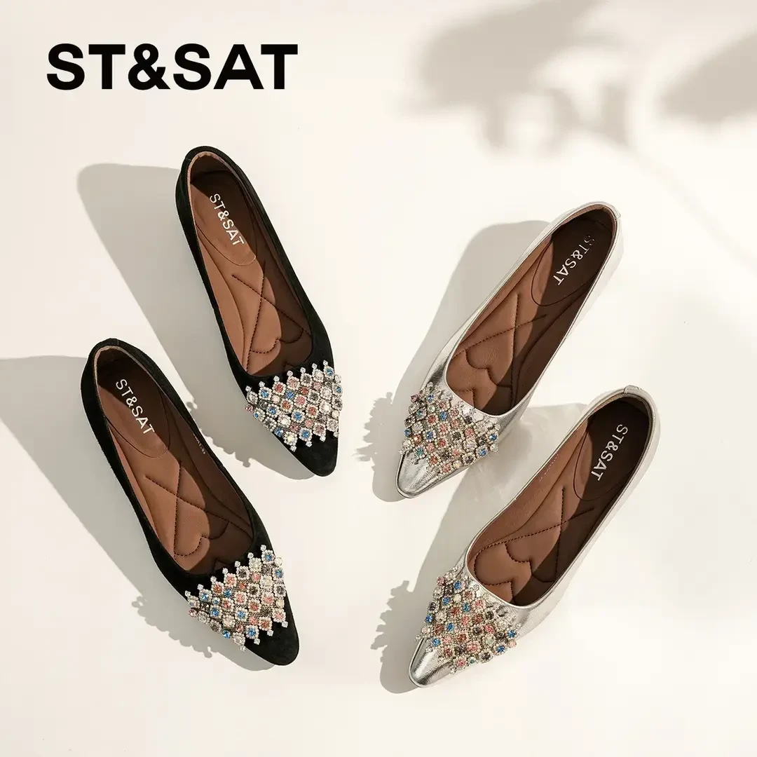 银色低跟单鞋女真皮尖头平底孕妇鞋通勤上班鞋不累脚水钻女鞋