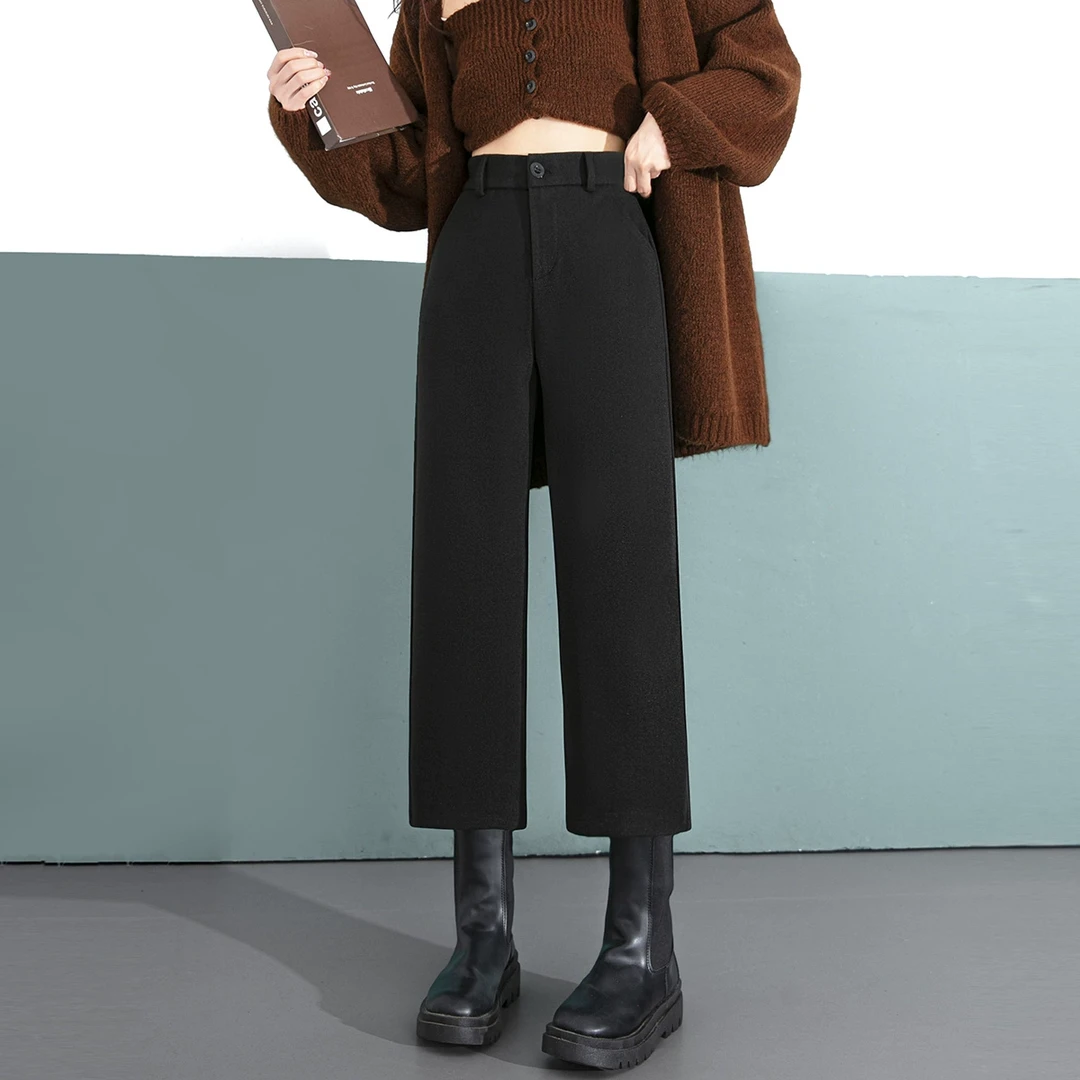 150cm小个子裤子七分毛呢裤女秋冬新款加绒八分直筒裤休闲阔腿裤