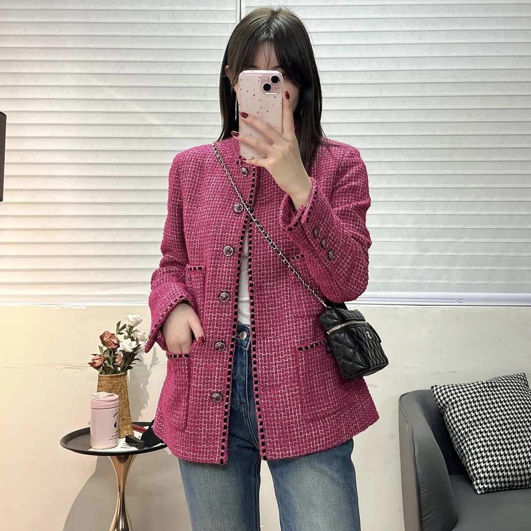 玫红色厚款时尚气质宽松秋季复古小香风外套