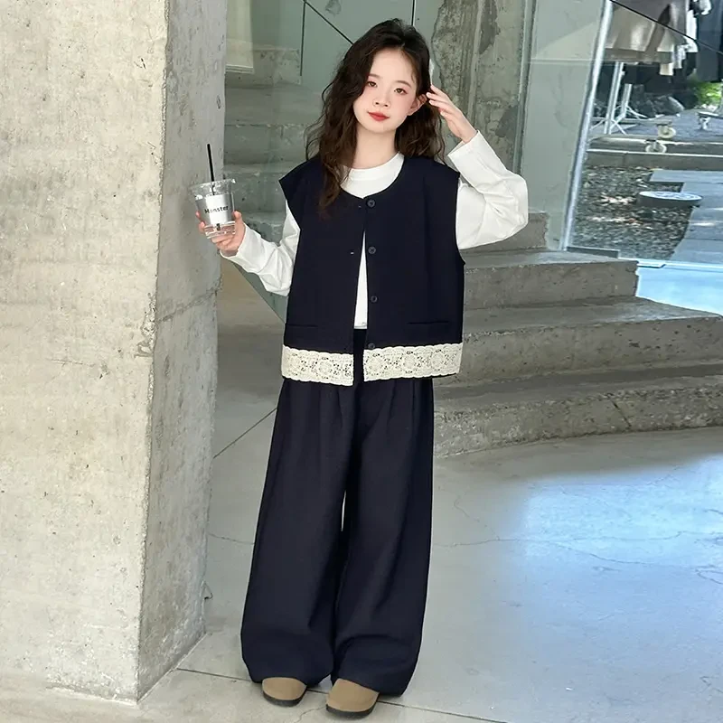 女童马阔腿裤三件套秋季2025新款儿童洋气时髦早秋大童秋装套装