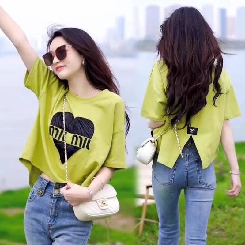 大码女装开叉棉短袖t恤女夏季2025新款宽松胖mm小个子短款上衣T