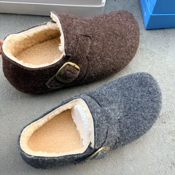 复古圆头毛毡加绒勃肯鞋女秋冬季一脚蹬保暖毛呢乐福鞋
