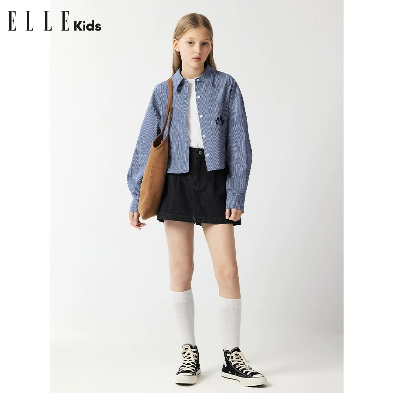 ELLE KIDS学院风休闲短款绣花刺绣衬衫上衣春款C2