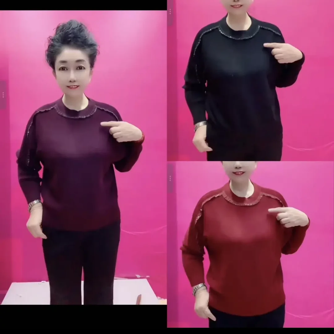 中老年妈妈秋冬保暖针织打底衫纯色宽松长袖毛衣上衣女