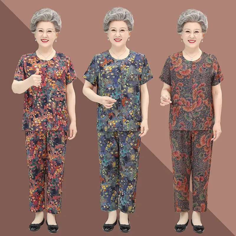 中老年人棉绸套装女奶奶短袖开衫70岁80妈妈老人绵绸两件套装夏季
