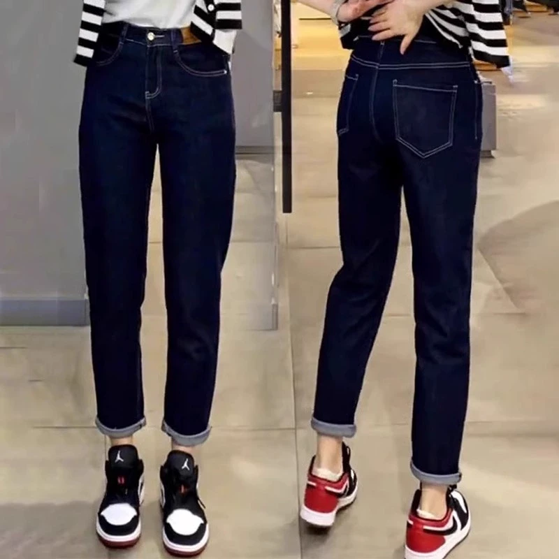 深蓝色直筒哈伦牛仔裤女春秋季2025新款爆流行休闲萝卜裤小脚裤子