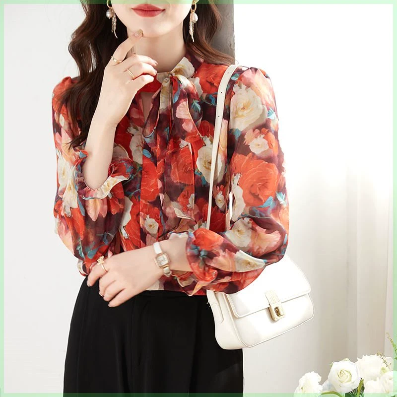 春夏洋气花色雪纺衬衫新款蝴蝶领宽松遮肚雪纺上衣法式温柔别致