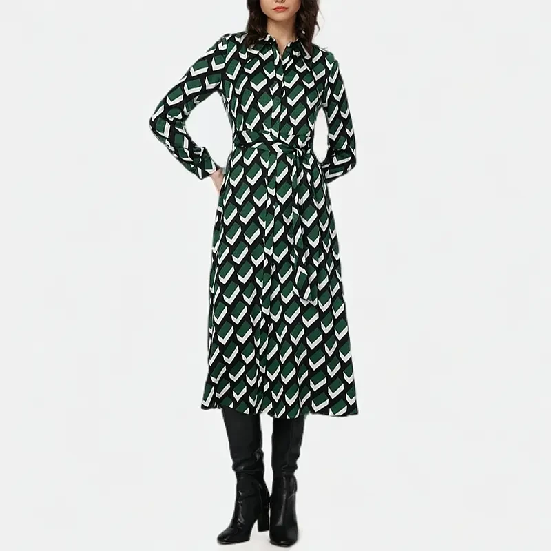 葭恩气质时尚25新款绿白立体几何图案连衣裙0702