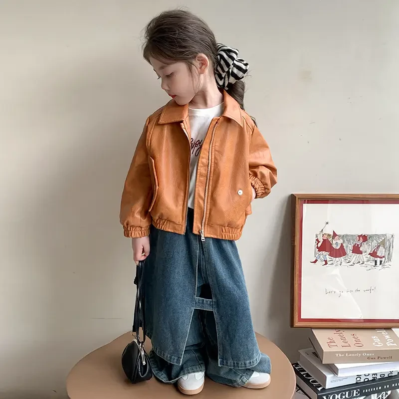 女童复古皮衣春秋款洋气小女孩时髦女宝宝PU皮外套儿童夹克拉链衫