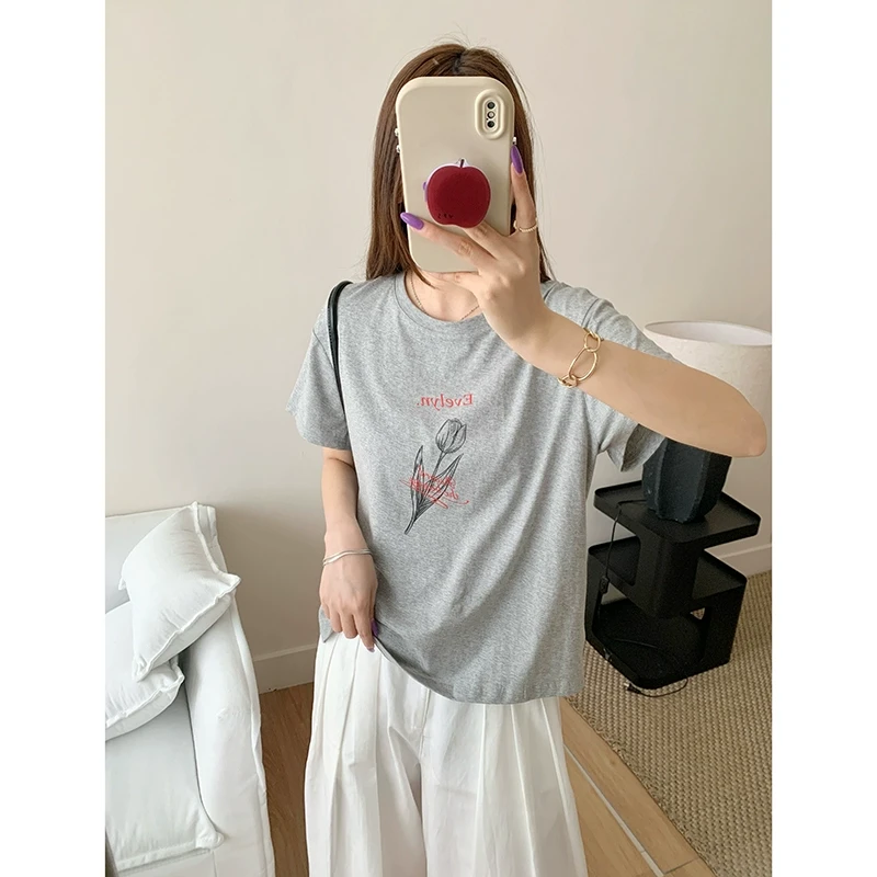 意法夏季棉韩系简约休闲圆领短袖T恤女N3821