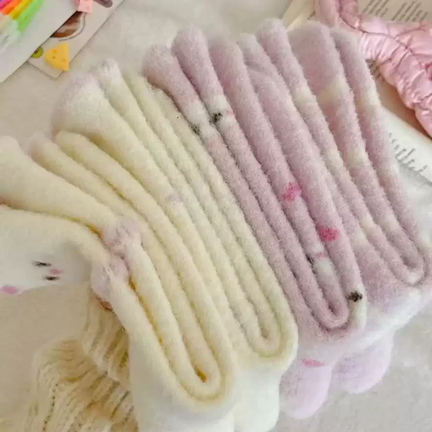 【5双】粉紫色猫咪仿水貂绒袜子女秋冬加厚可爱提花中筒保暖睡眠LLW