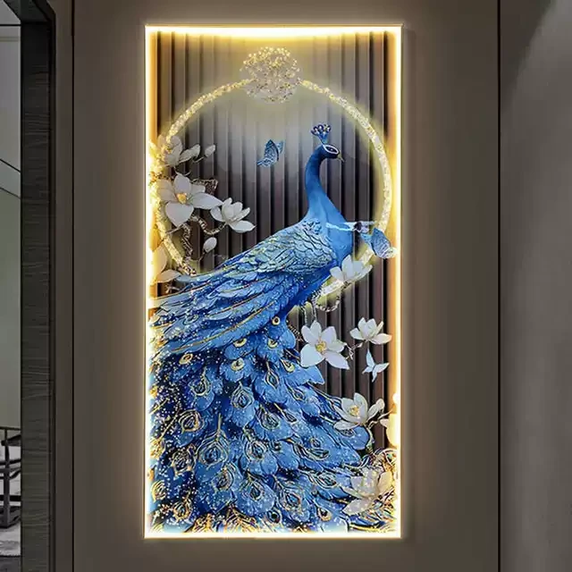 晶瓷镶钻装饰画客厅孔雀玄关过道走廊挂画新中式高档壁画led灯画