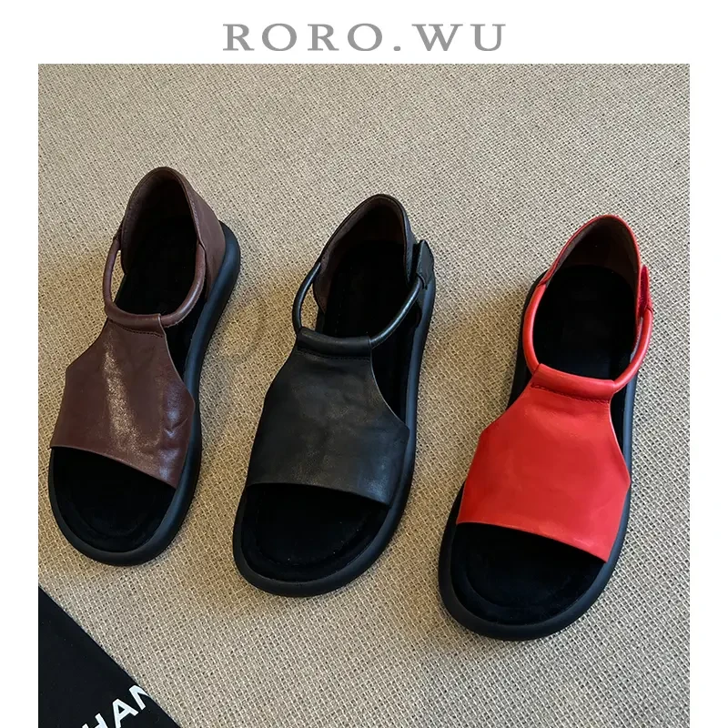 2025胖大叔水洗牛皮休闲夏季露趾凉鞋扣带增高纯色百搭凉鞋不累脚