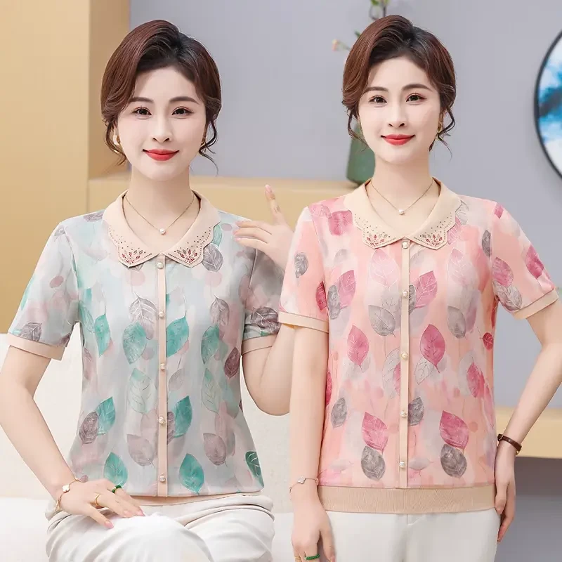 2025新款时尚妈妈T恤打底衫减龄短袖中老年女装翻领小衫薄款誉