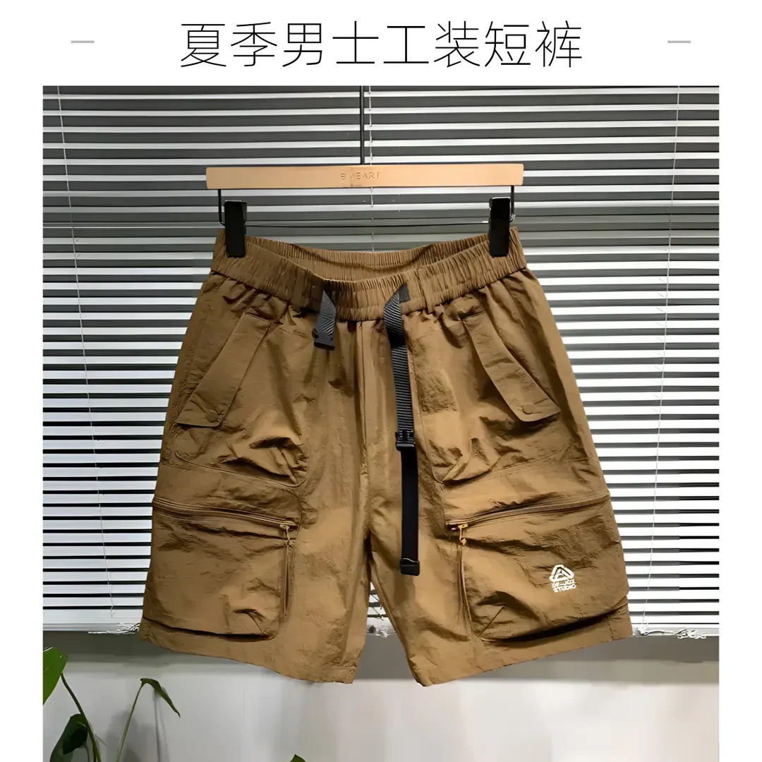 夏季新款男士工装短裤宽松速干无弹力五分沙滩锦纶刺绣薄款中腰
