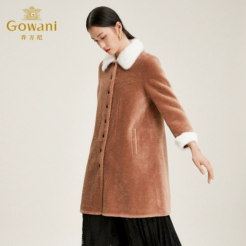 【100%绵羊毛】乔万尼颗粒绒大衣呢子外套水貂毛领大衣冬EN4A796009