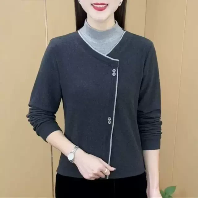 双面德绒半高领假两件打底衫女秋冬气质中年妈妈拼色t恤长袖上衣