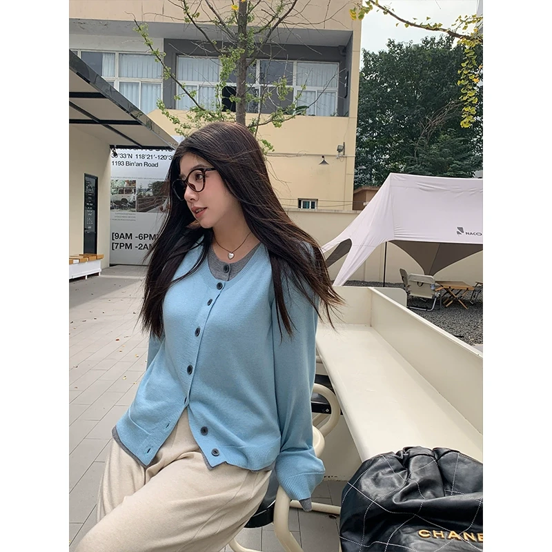 QC李潇洒微胖大码蓝色假两件毛衣女秋冬长袖圆领内搭羊毛打底衫