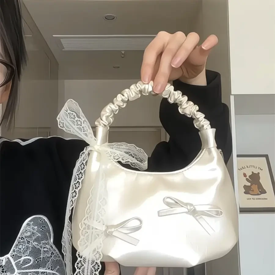 芭蕾风蝴蝶结手提包女韩系甜美少女珠光单肩斜挎包上班通勤小拎包