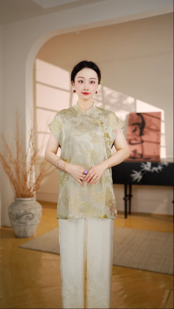 绿韵｜新中式国风时尚百搭重磅上衣奥黛长款小衫-5319