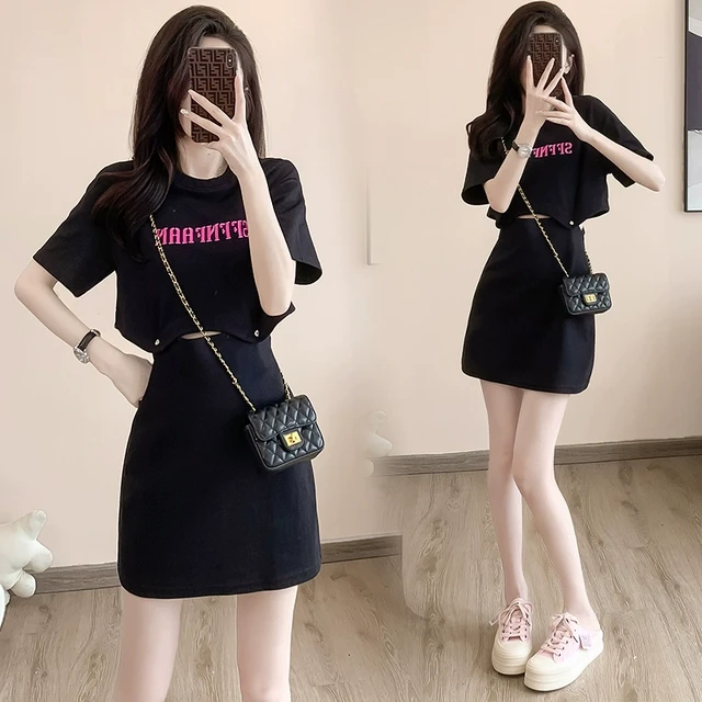 小个子短袖连衣裙女夏2024新款设计感露腰拼接假两件休闲T恤裙子