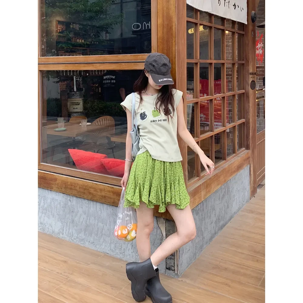 2025i韩系慵懒俏皮苹果宽松休闲印花贴布宽松显瘦灰绿色短袖T恤