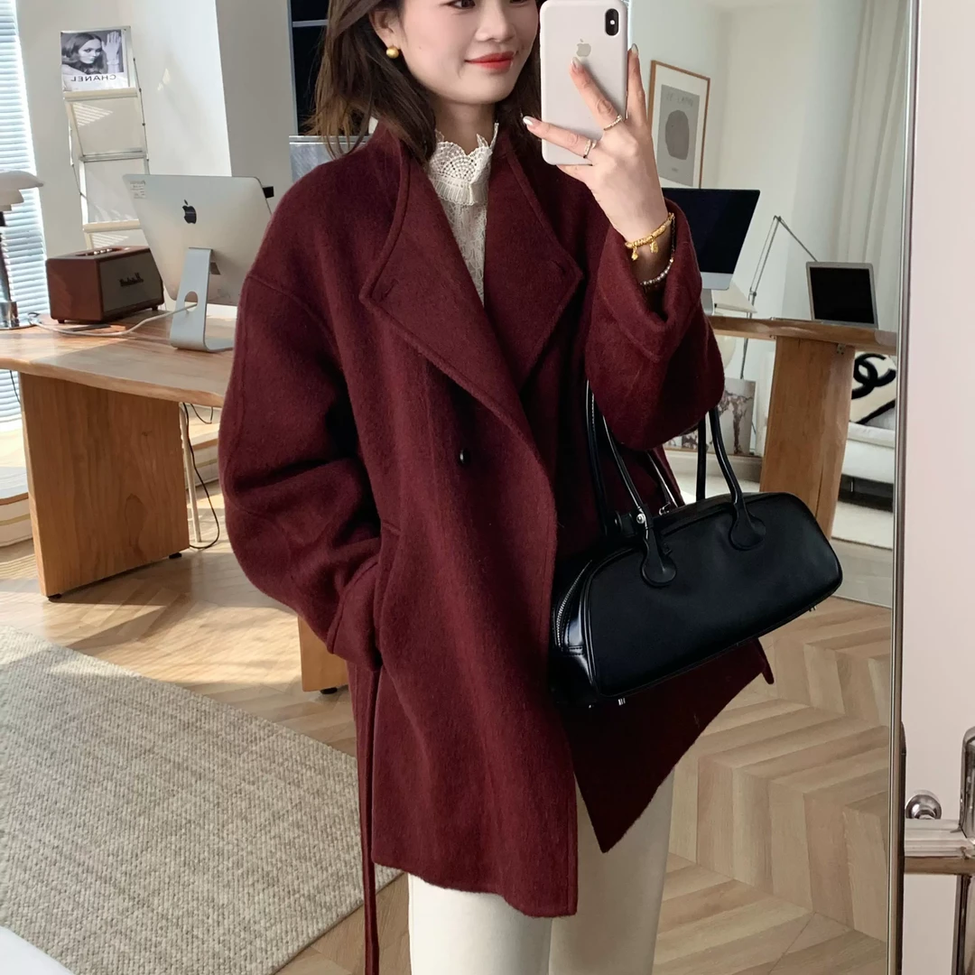 专柜品质~安可拉红双面羊毛大衣新款小个子宽松外套3230