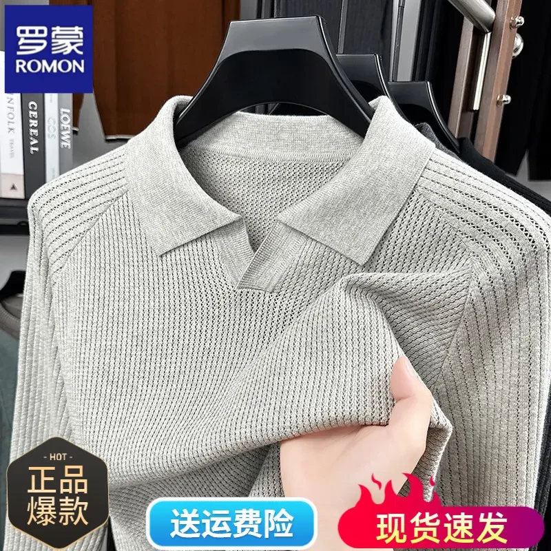 罗蒙男士春秋季新款纯棉长袖领针织衫毛衣t恤镂空外套春秋男装