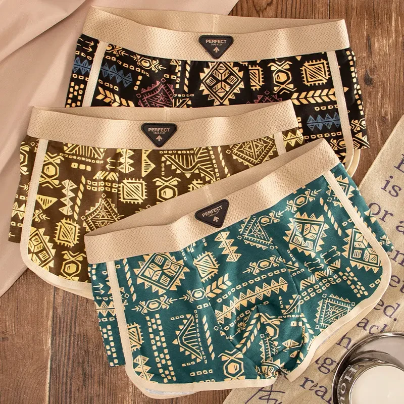 潮流个性美式复古印花男士短裤中腰棉质舒适透气男士大码四角内裤