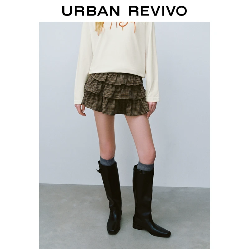UR2025春季新款女装欧若风复古英伦层叠花边格纹半裙UYL550007