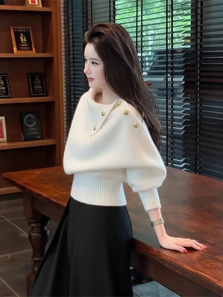 美拉德白色翻领毛衣女秋冬高级感高贵气质慵懒老钱风新款针织毛衣